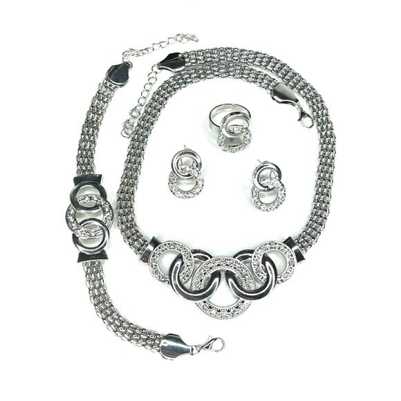NEW Necklace Earrings Set Chunky Geometic Silver Tone Fashion Jewelry Lot MA09 - Picture 2 of 7